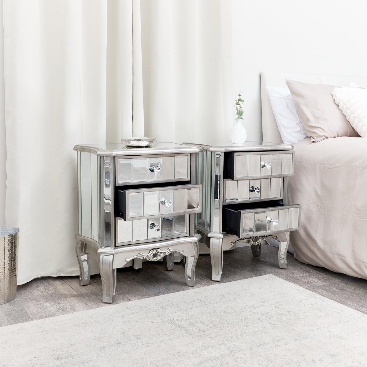 Set of 2 Mirrored Bedside Tables with 3 Drawers | Luxury Silver Nightstands