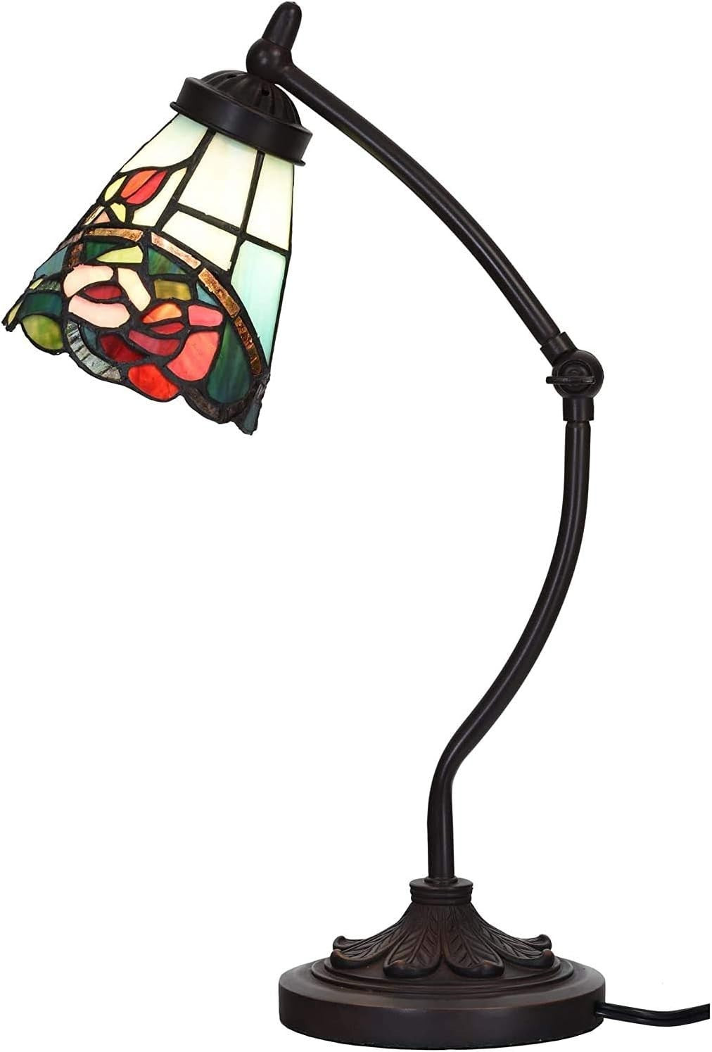 Rose Flower Stained Glass Desk Lamp Adjustable Tiffany Style Night Light