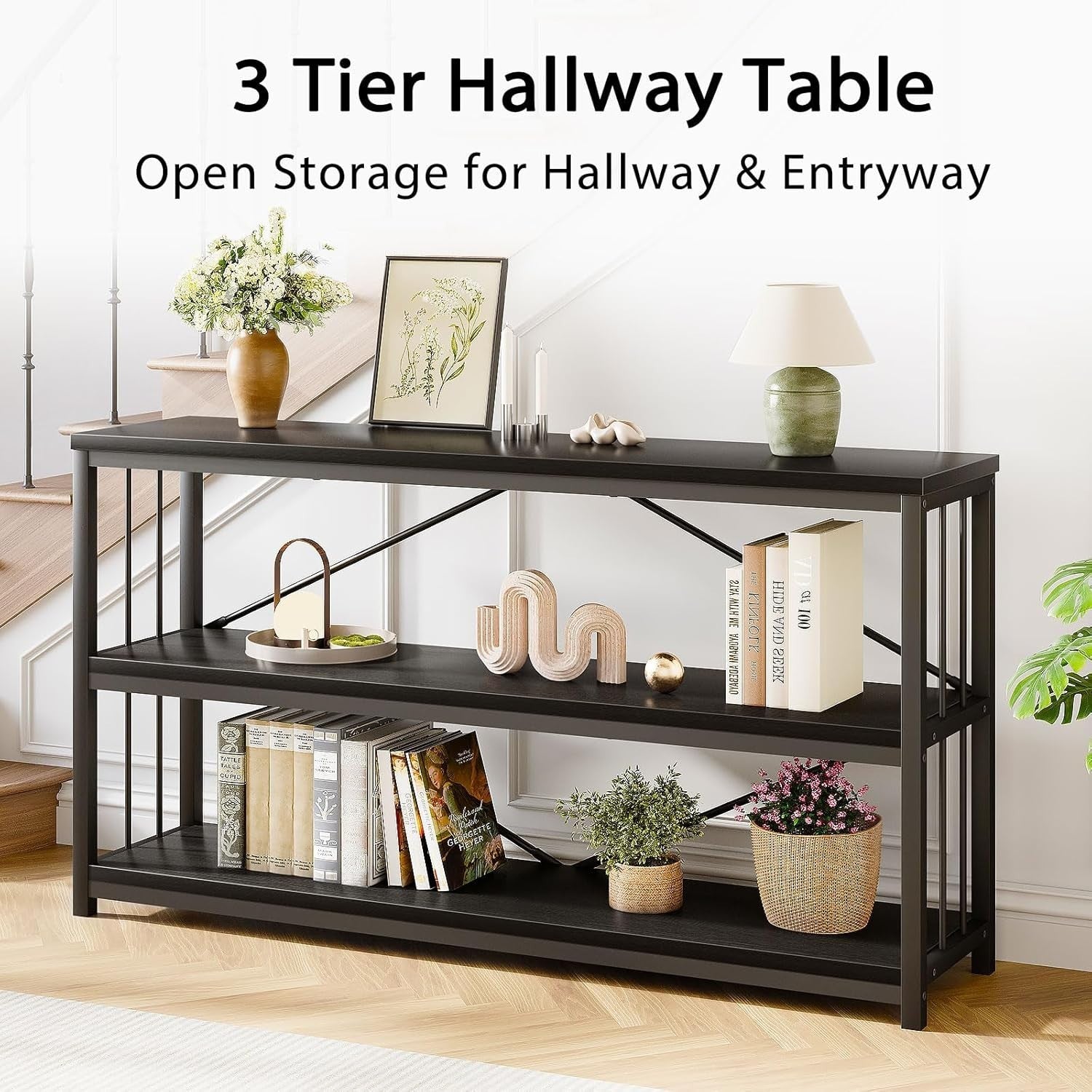 Modern Black Console Table with 3-Tier Storage, Industrial Metal Frame, 140cm