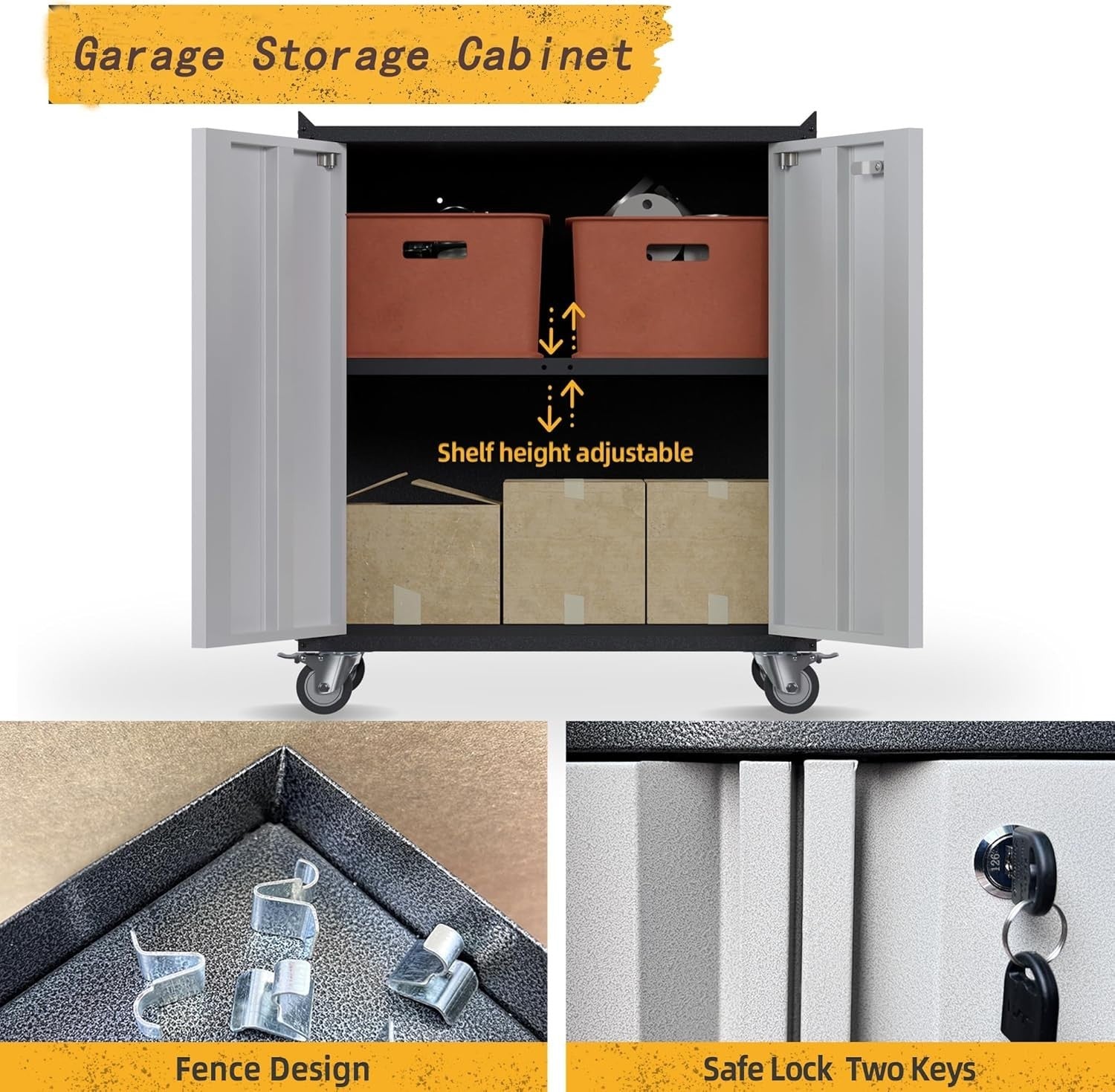 Heavy Duty Mobile Tool Storage Cabinet with Lockable Doors & Adjustable Shelf