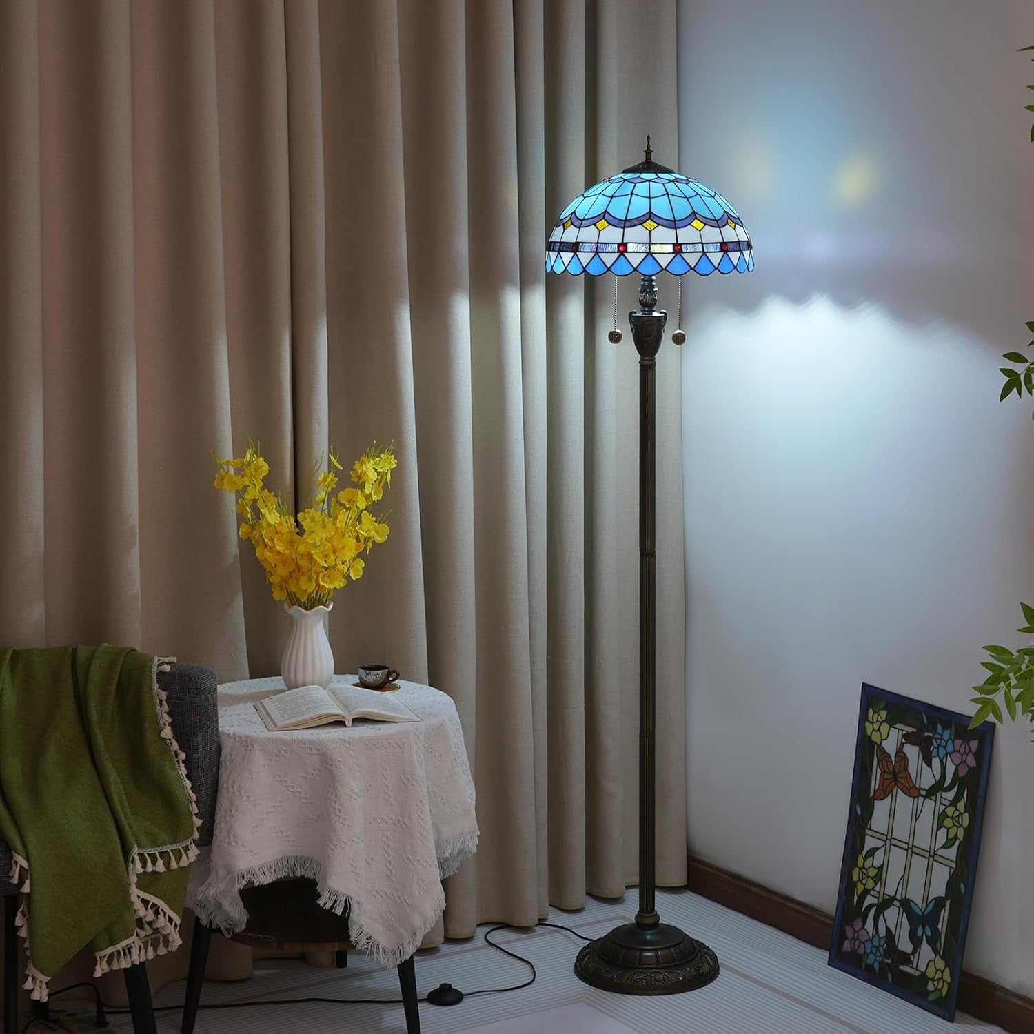 Blue Tiffany Floor Lamp with Stained Glass Shade & Foot Switch