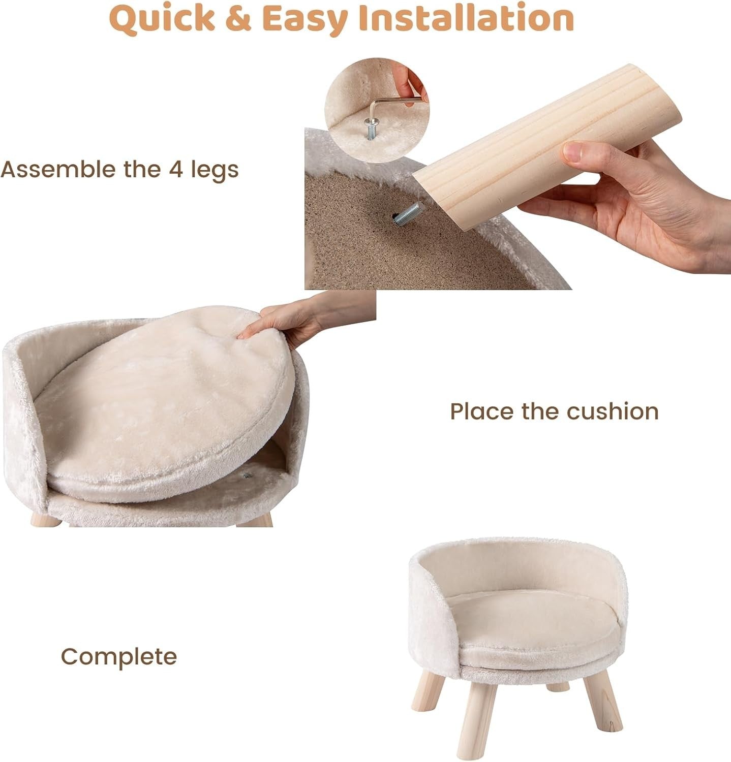 Elevated Dog Cat Sofa Bed Plush Pet Lounge Chair w Wood Legs Beige