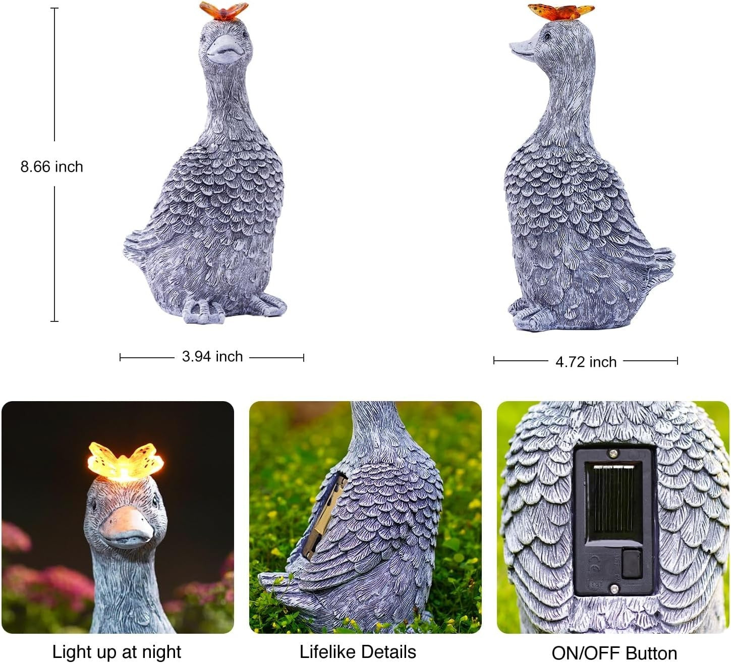Solar Goose Garden Ornament Resin Statue with Butterfly Light Outdoor Decor