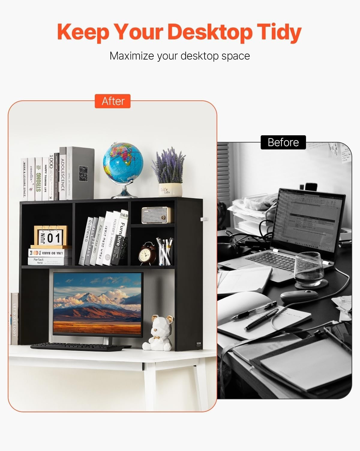 Compact 94cm 2-Level Desk Hutch Shelf Brown Monitor Riser & Organizer