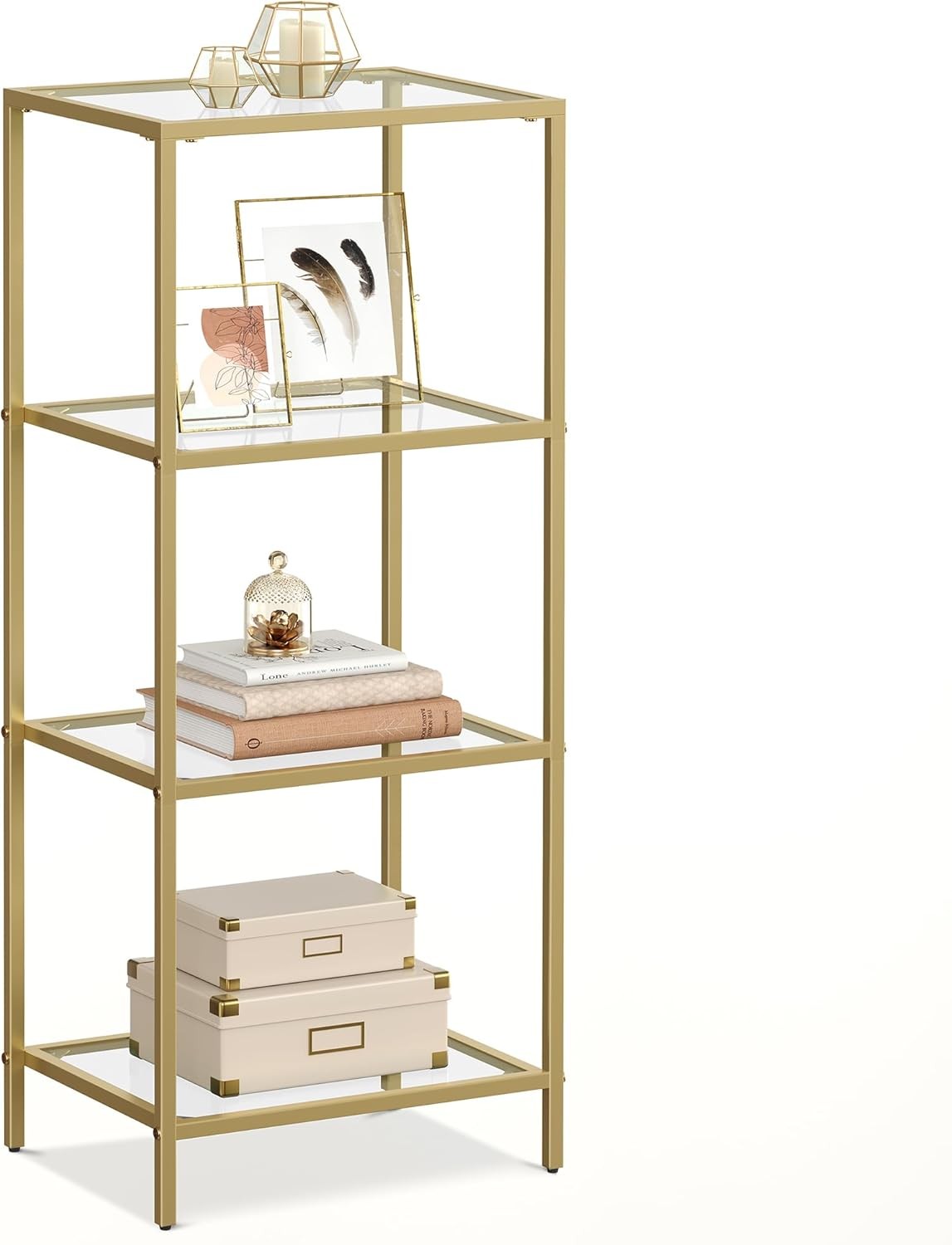 Modern 4-Tier Gold Glass Shelf Unit | Luxury Display Rack Storage for Home Offic