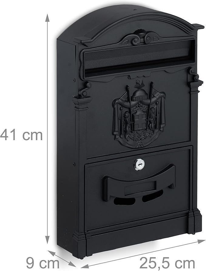 Vintage Wall Mounted Letterbox Black Steel Lockable Mailbox Secure & Stylish
