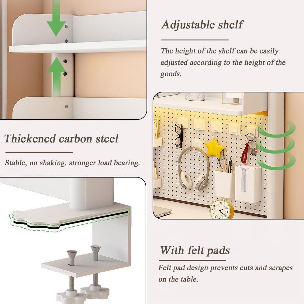 Clamp-On Desk Organizer Shelf 2-Tier Pegboard Hutch Rack 60cm White