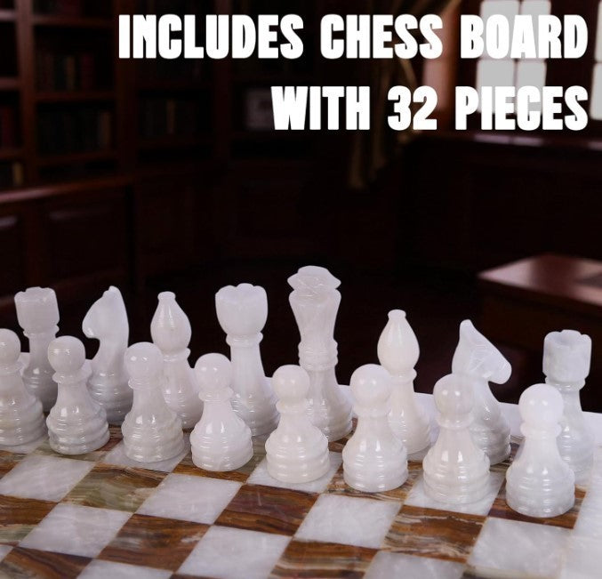Luxury 10x10” Marble Chess Set White & Onyx Green – Handmade Stone Board