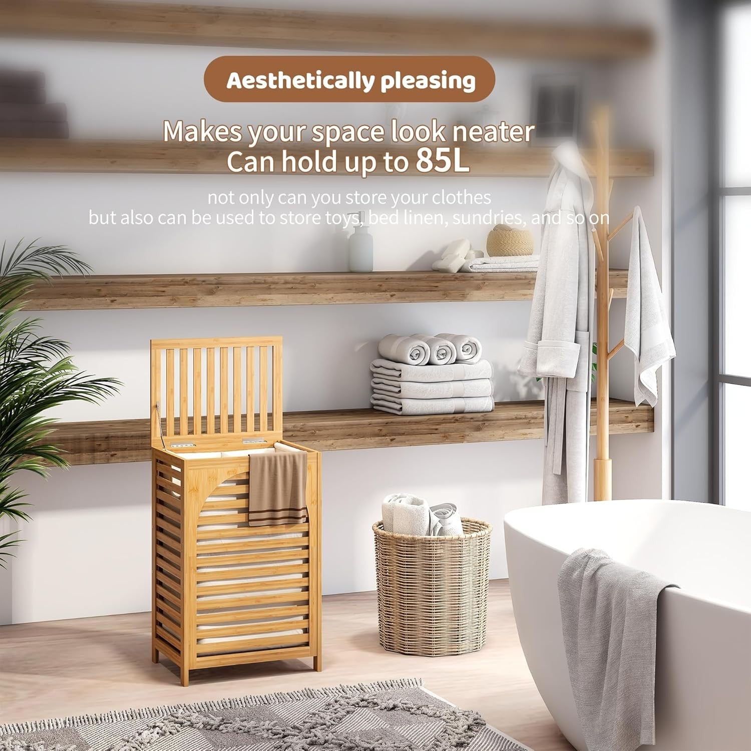 85L Bamboo Laundry Hamper with Lid Large Clothes Basket Removable Liner Natural
