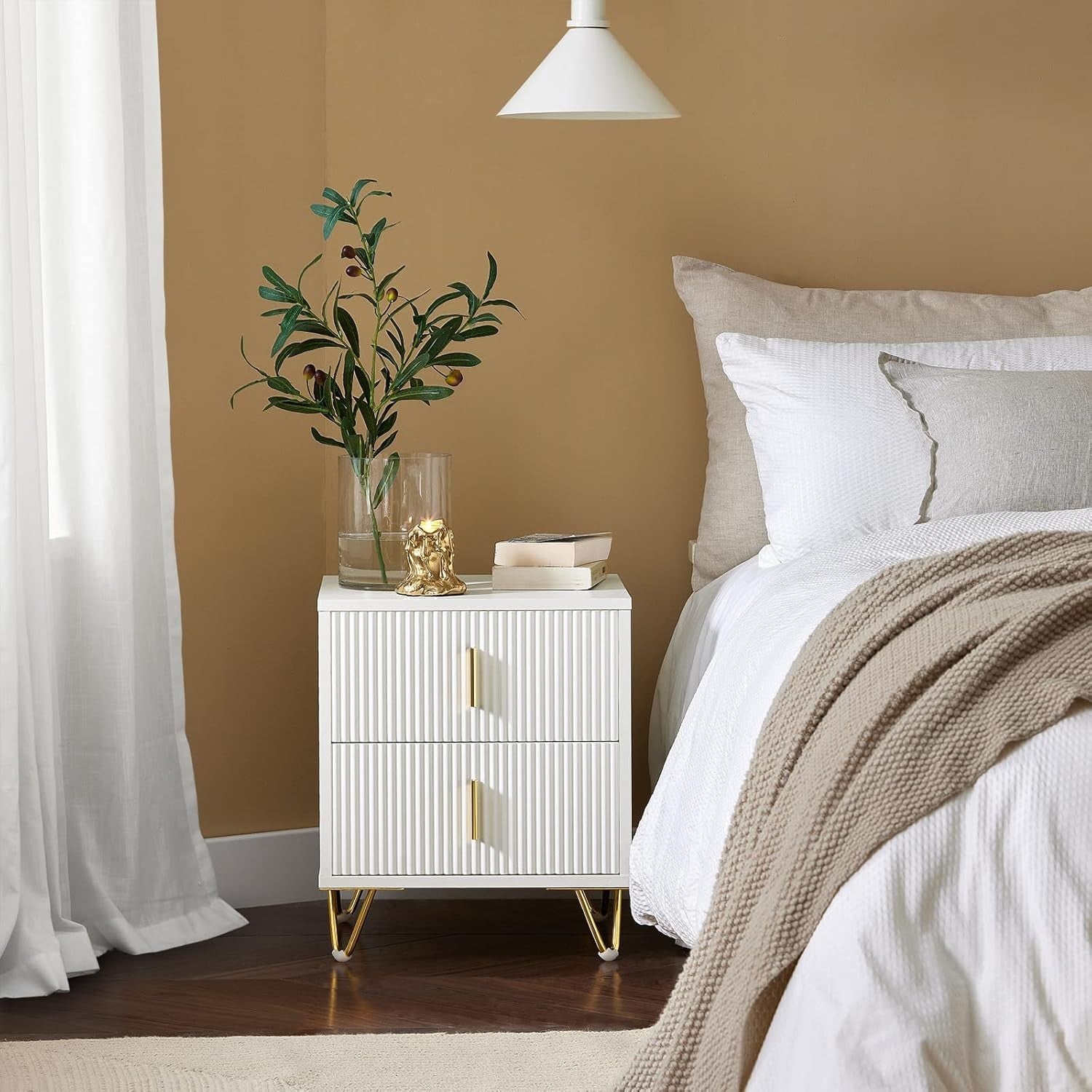 Modern White Bedside Table with 2 Drawers & Gold Legs – Elegant Nightstand