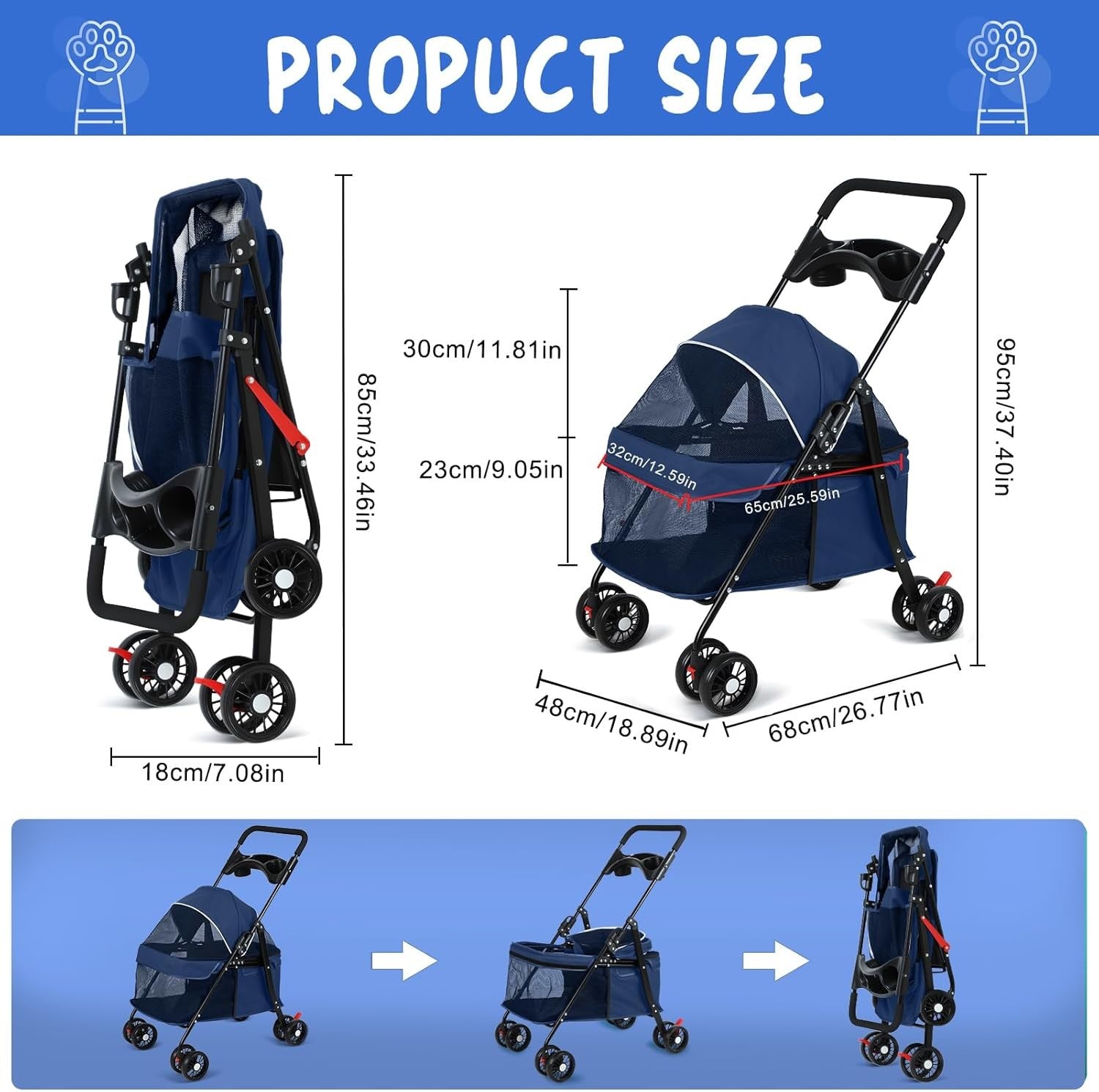 Pet Stroller for Dogs & Cats up to 50lbs 4 Wheel Foldable Travel Pushchair
