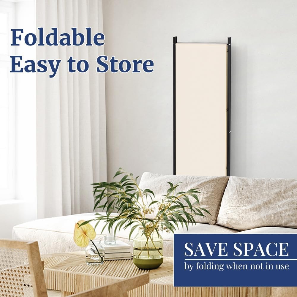 4 Panel Beige Folding Room Divider with Lockable Wheels 88x70 Inch