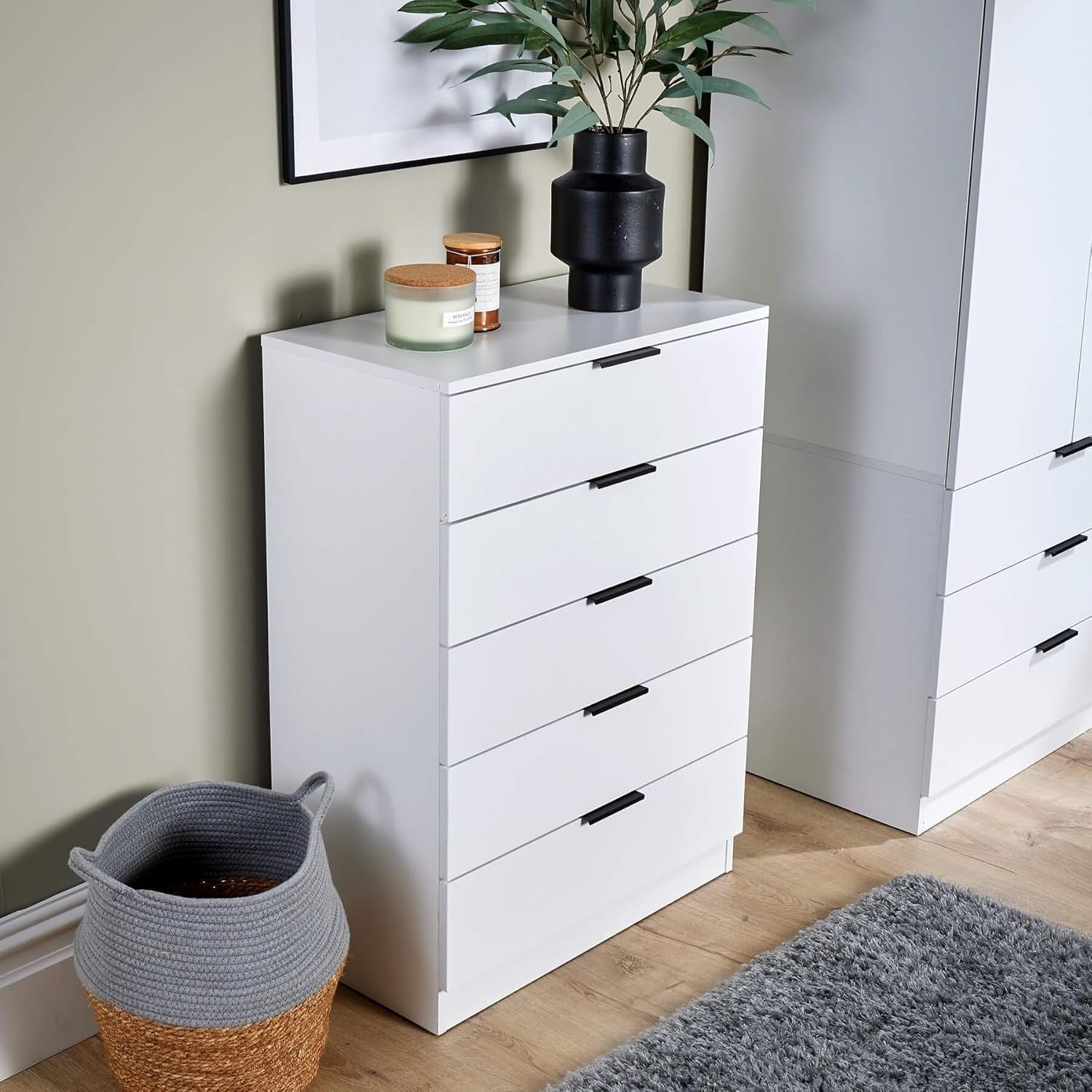 White 5 Drawer Chest of Drawers Bedroom Storage Cabinet Tall Modern Unit