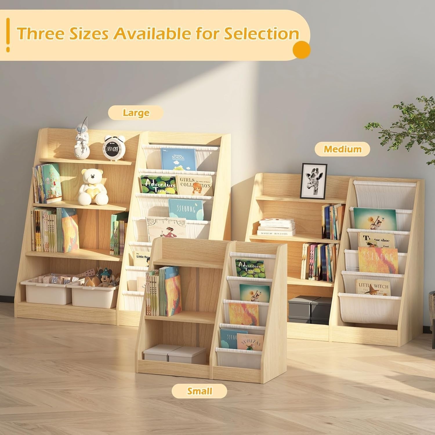 Adjustable Kids Bookshelf with 4 Shelves & Sling Pockets – Small Wooden Rack