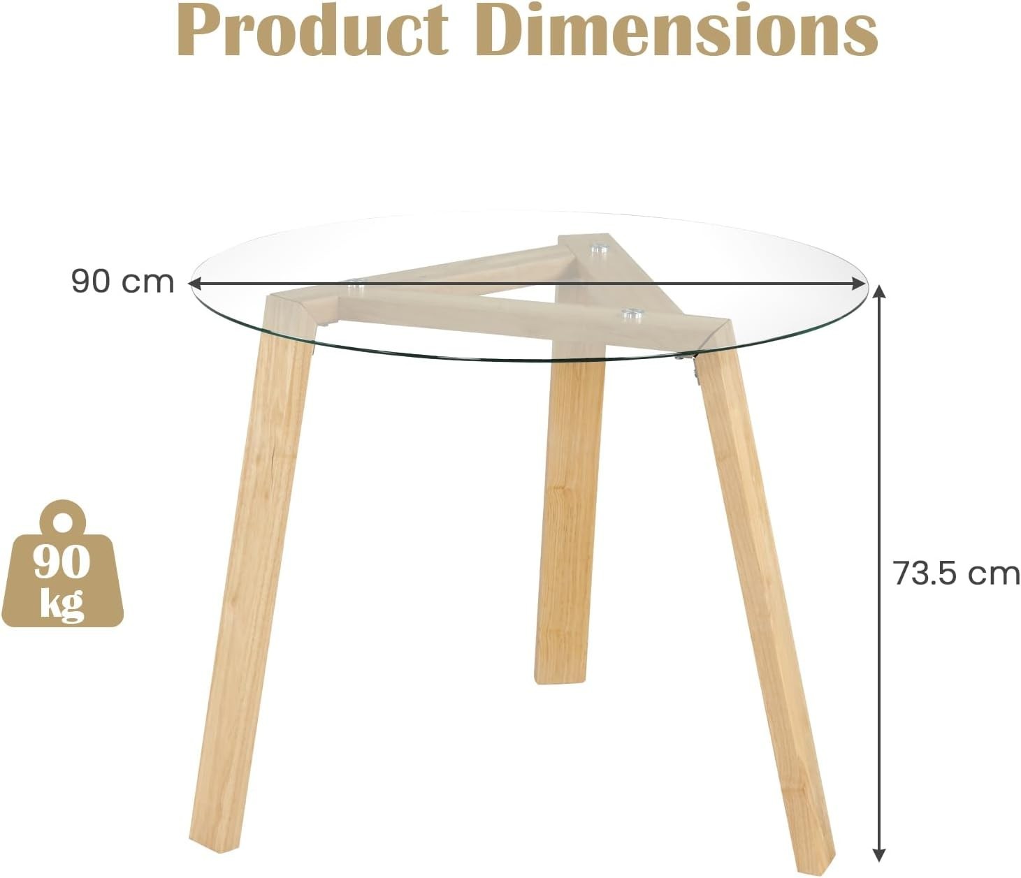Round 90cm Tempered Glass Dining Table with Rubber Wood Frame