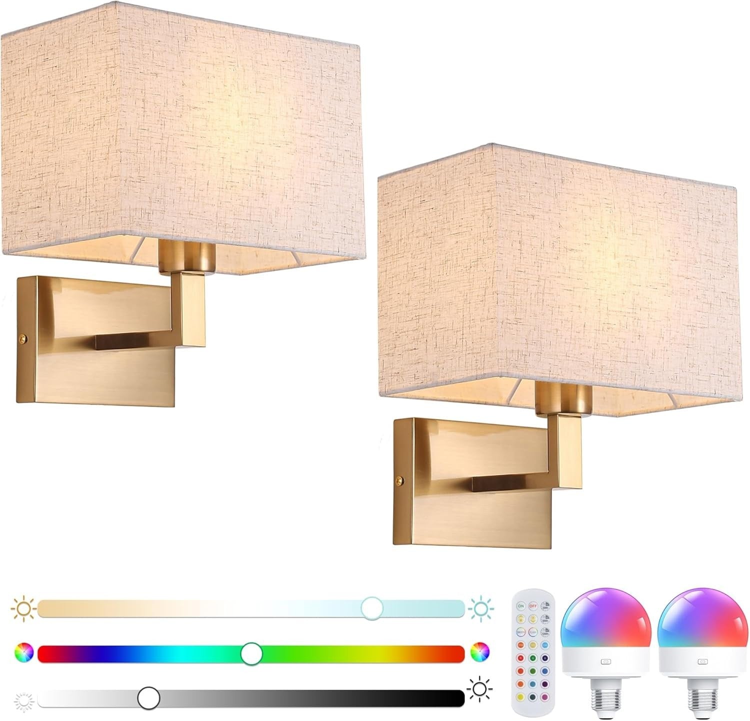Gold Battery-Powered Wall Sconces with RGB Dimmable Light & Remote Control