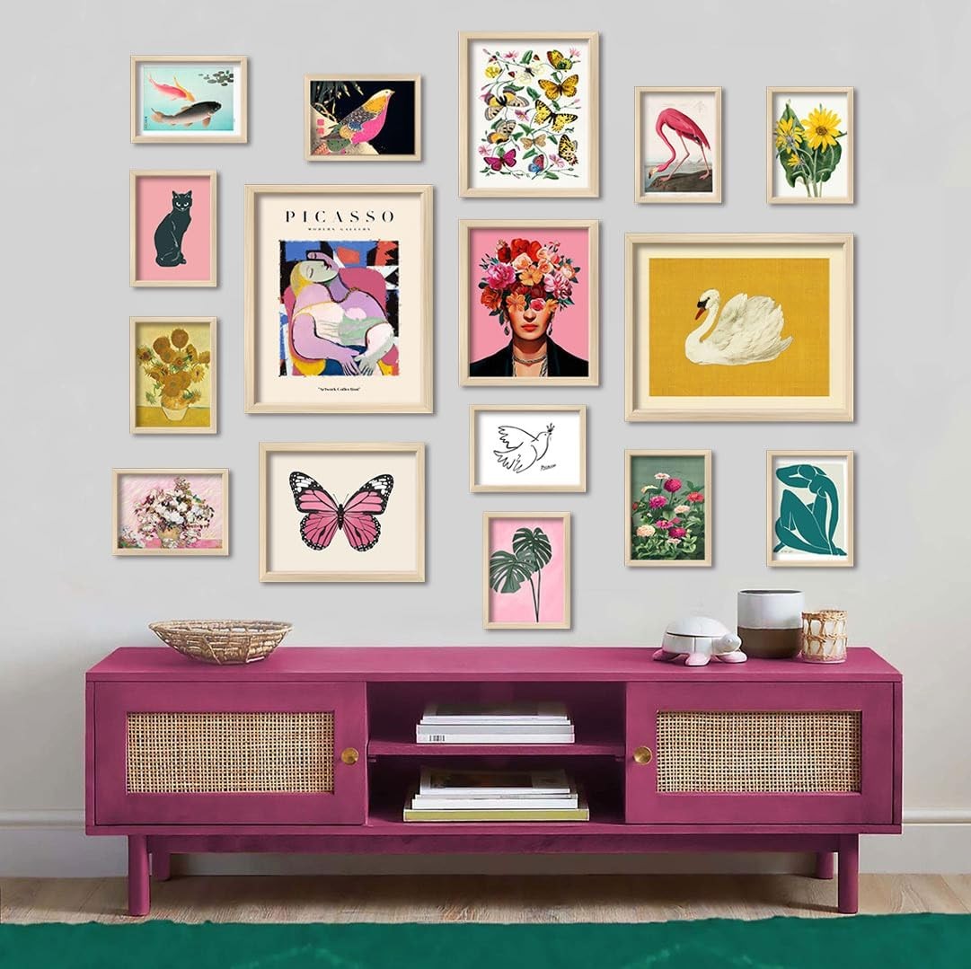 16pc Framed Gallery Wall Art Set Eclectic Colourful Prints 12x15"
