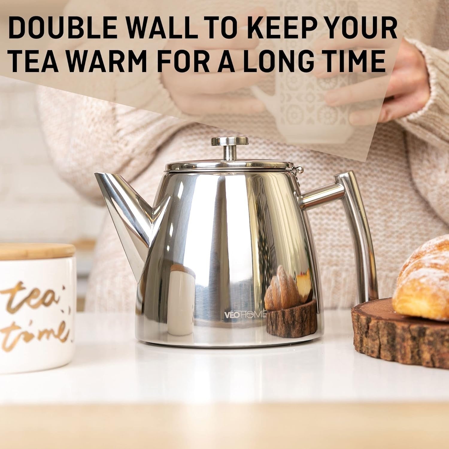 Stainless Steel Teapot 1L Double Wall Insulated Tea Pot w/ Infuser