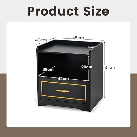 LED Smart Bedside Table with Charging Station, Drawer & Shelf, Modern Nightstand
