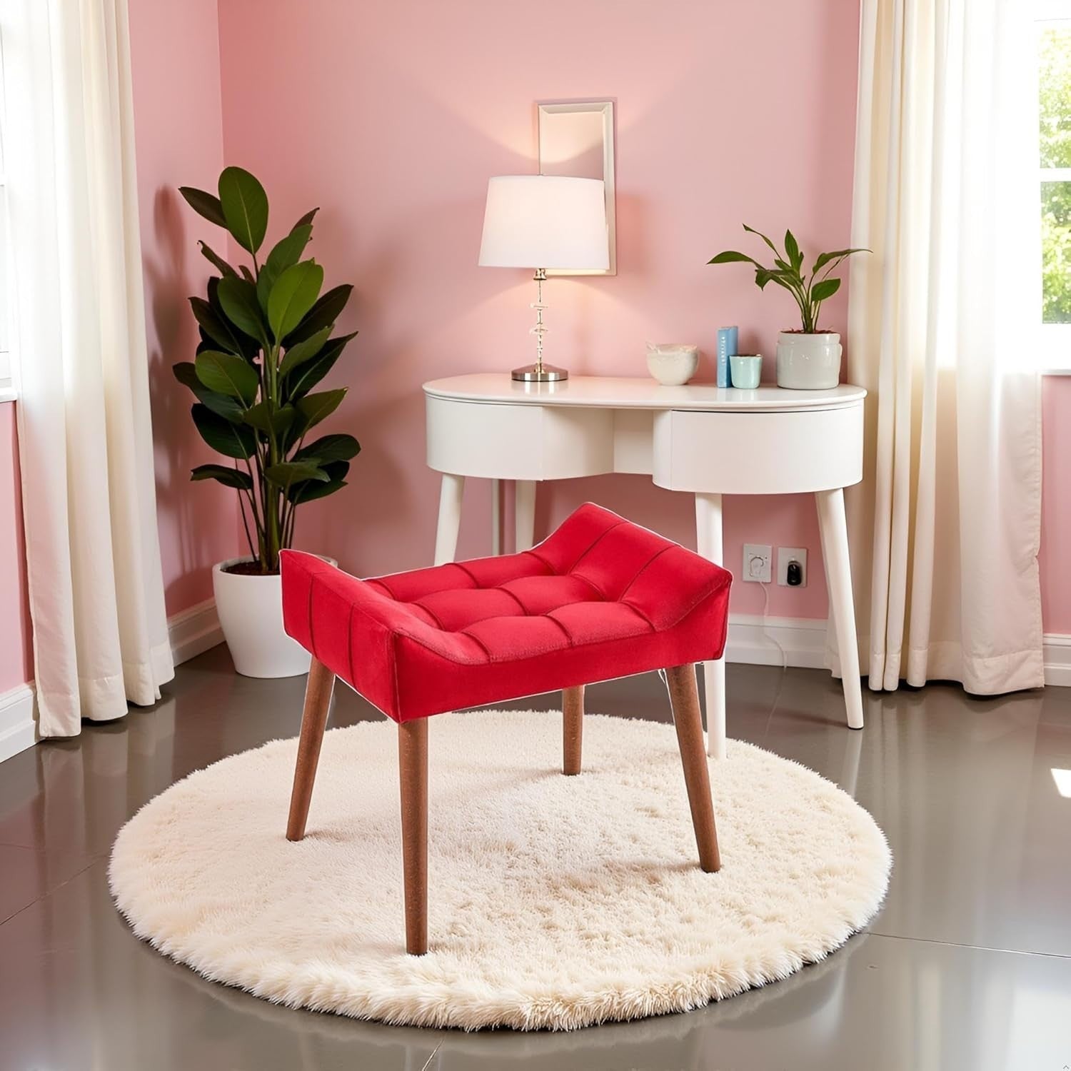 Red Padded Dressing Table Stool Modern Vanity Makeup Chair Bedroom