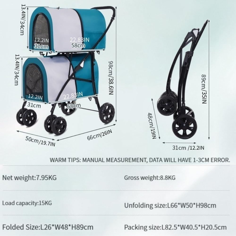 Double Pet Stroller for Dogs Cats Foldable 360° Wheels Waterproof Pram
