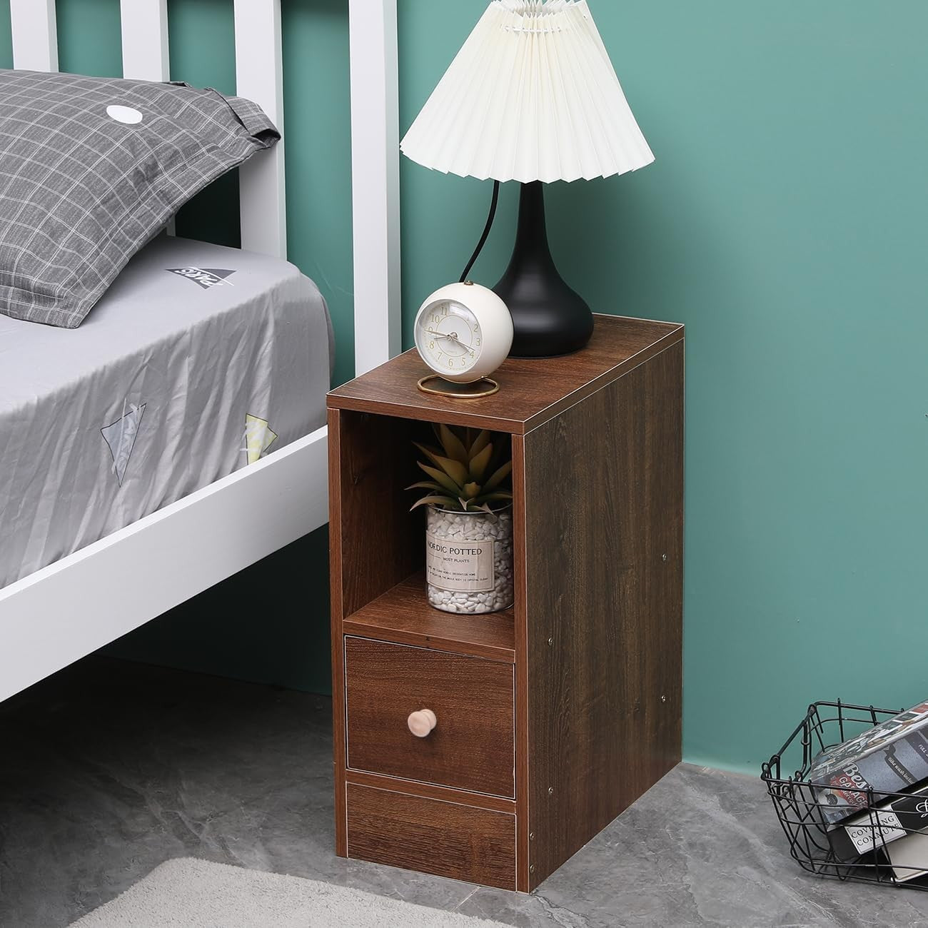 Dark Walnut Slim Storage Cabinet with Drawer – Modern Narrow Bedside Unit