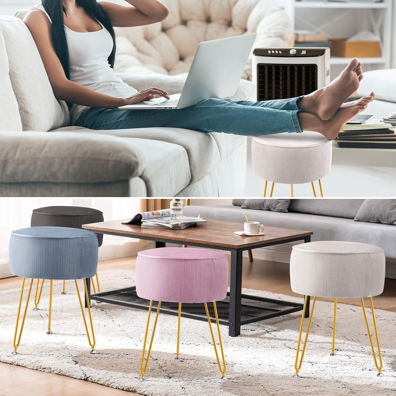 White Round Vanity Stool with Metal Legs – Padded Dressing Table Chair