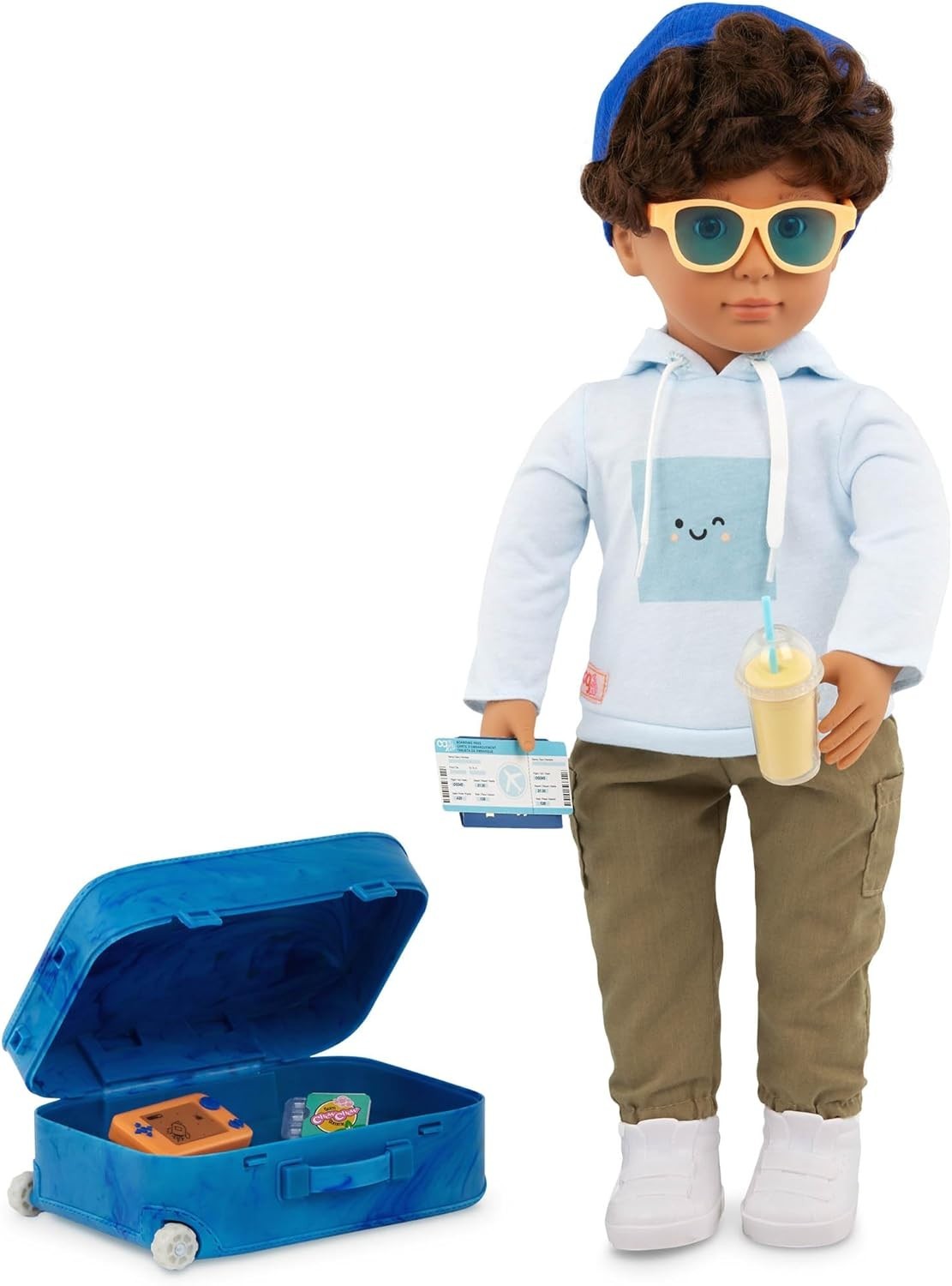 18-Inch Boy Doll Hazel Eyes Curly Hair Rolling Luggage Travel Set