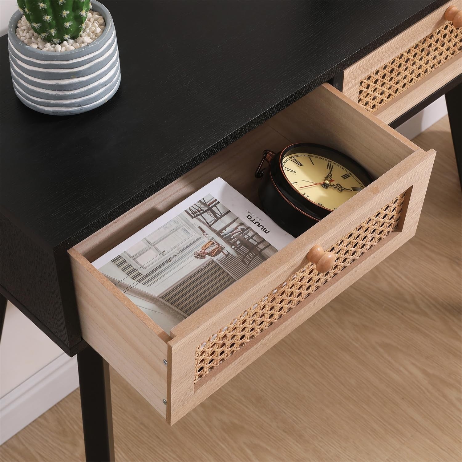 Modern Console Table with 2 Rattan Drawers | Stylish Hallway & Office Storage