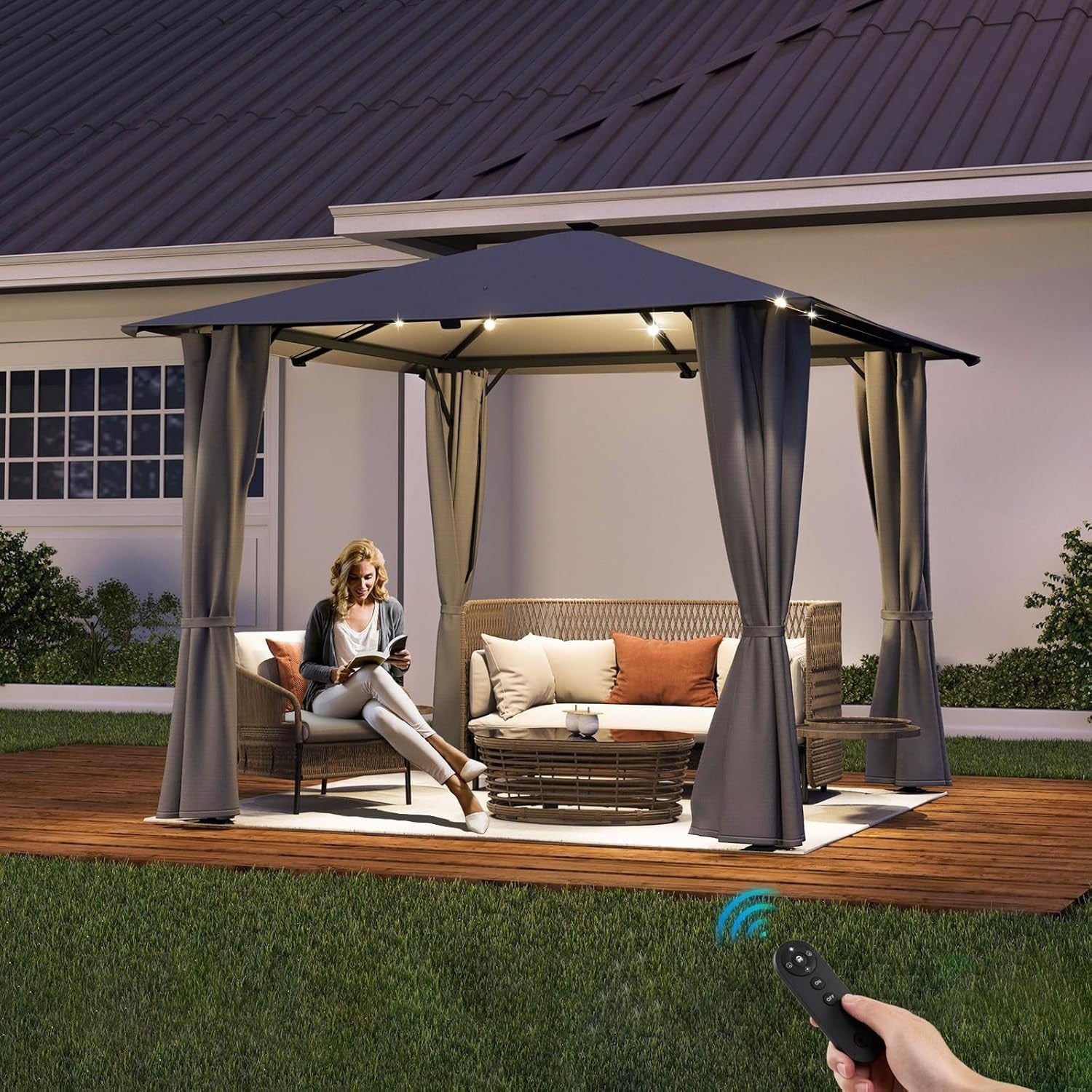 3x3M Metal Gazebo With Solar LED Lights & Curtains Outdoor Garden Patio Canopy