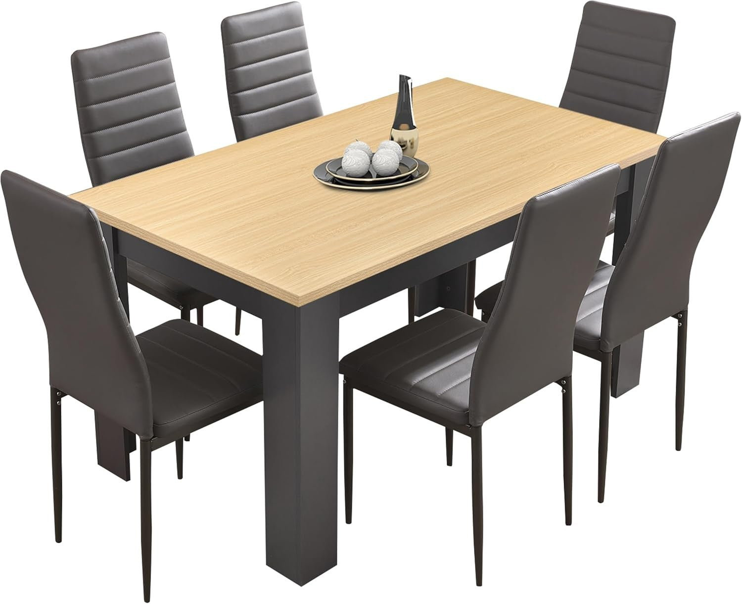 Modern Dining Table Set 6 Grey PU Leather Chairs 140x80cm Solid Wood Table
