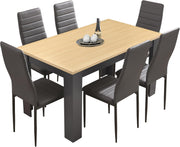 Modern Dining Table Set 6 Grey PU Leather Chairs 140x80cm Solid Wood Table