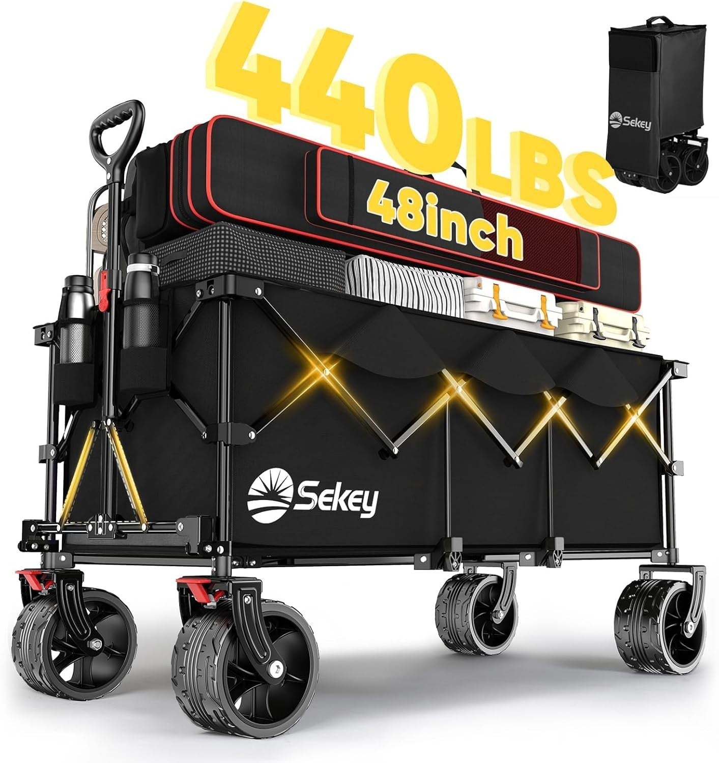 Black Extra Large Folding Wagon 440lbs Heavy Duty All-Terrain Big Wheel Trolley