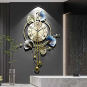 Luxury Blue Ginkgo Leaf Wall Clock 70×52cm – Silent Metal Art Pendulum Decor