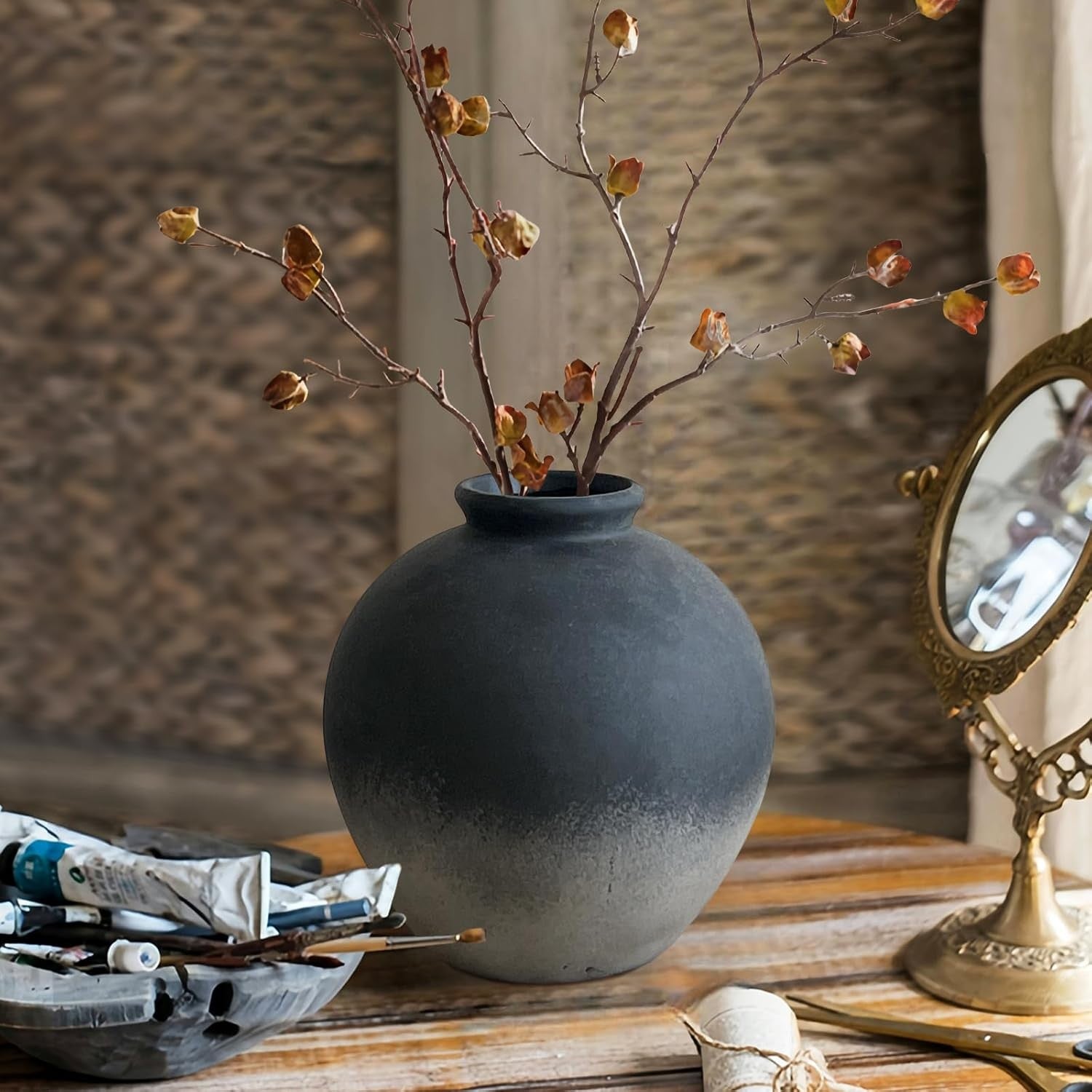 Black Rustic Ceramic Vase Farmhouse Decor 22cm Table Centrepiece Gift