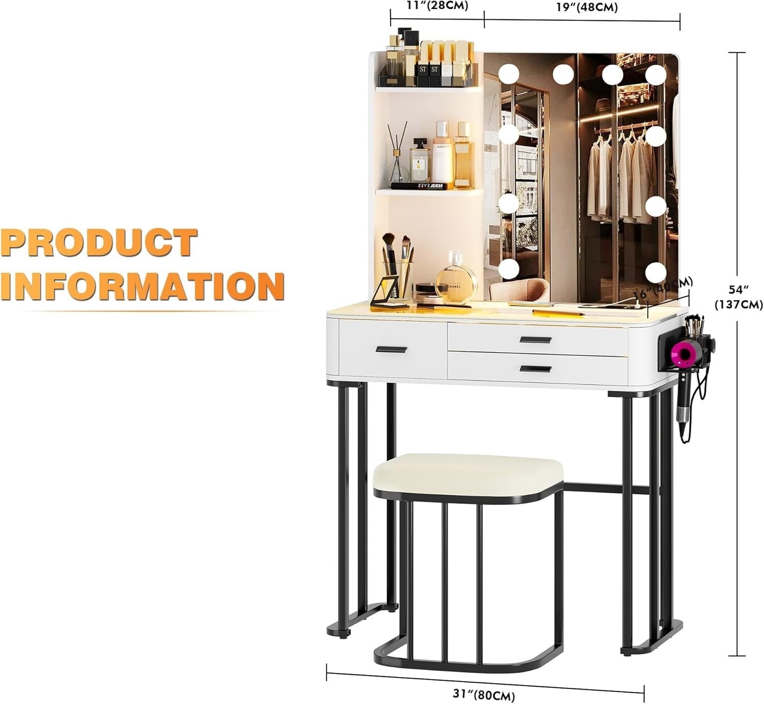White Vanity Dressing Table LED Light Bulbs Power Strip 2 Drawers Storage Shelve