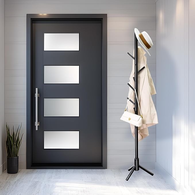 Black Bamboo Coat Rack Freestanding with 8 Hooks | Modern Hall Tree Stand