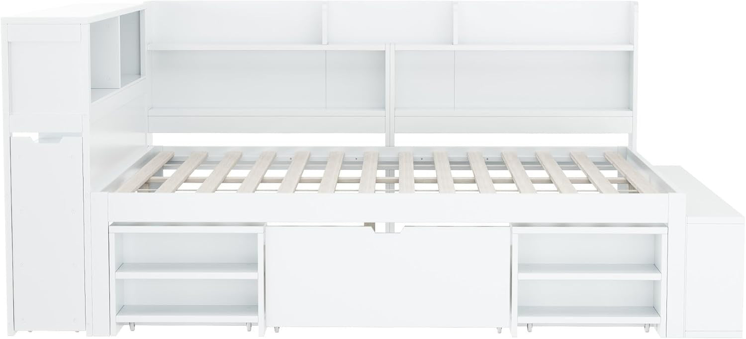 Single Cabin Bed with Storage Drawers Shelves Bookcase White 4FT6