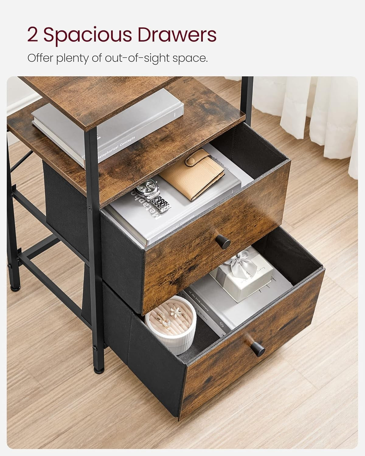 Rustic Tall Bedside Table with 2 Fabric Drawers & Open Shelf, Industrial Style