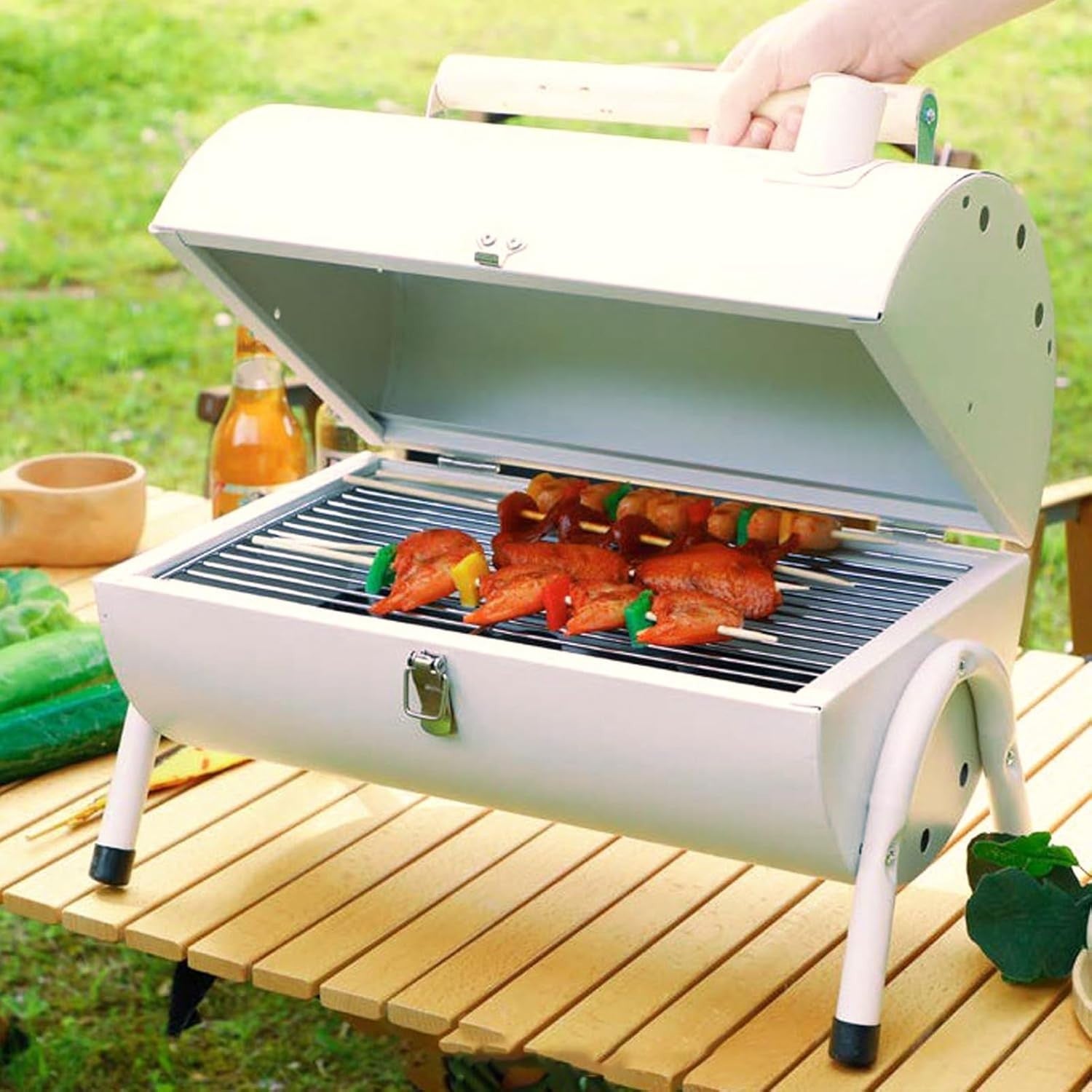 Portable Barrel Charcoal BBQ Grill with Chimney Vent, Folding Legs