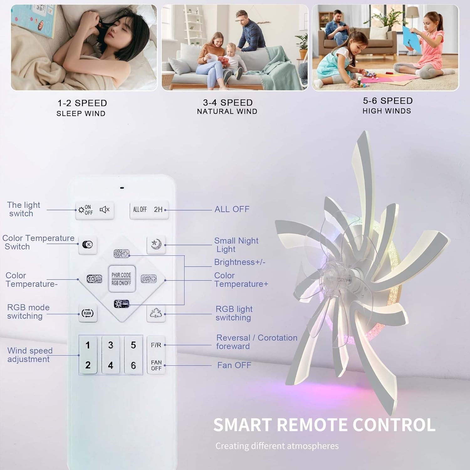 GWYAJTU RGB Ceiling Fan Light, Smart LED, Remote/App, 6-Speed DC Motor