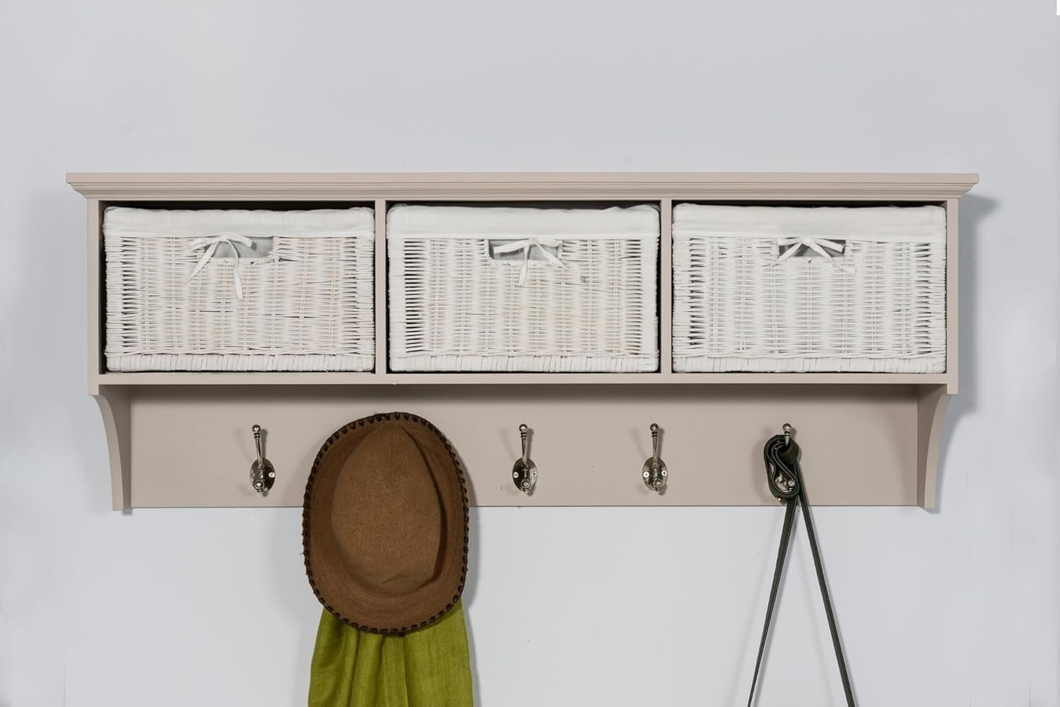 Truffle Wall Mounted Coat Rack 3 Wicker Baskets 5 Hooks Hallway Storage Shelf