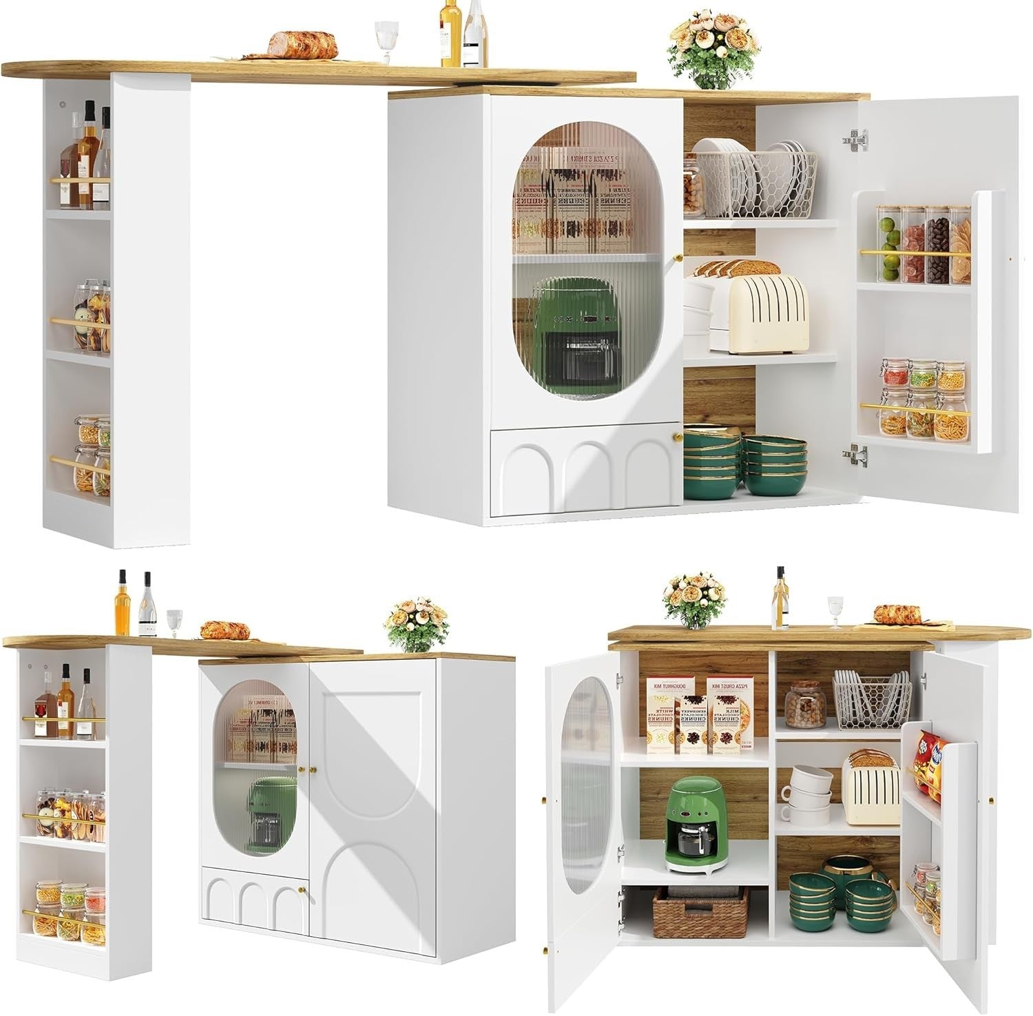 Modern Rotating Bar Table Kitchen Island with Storage & Display Shelves – White