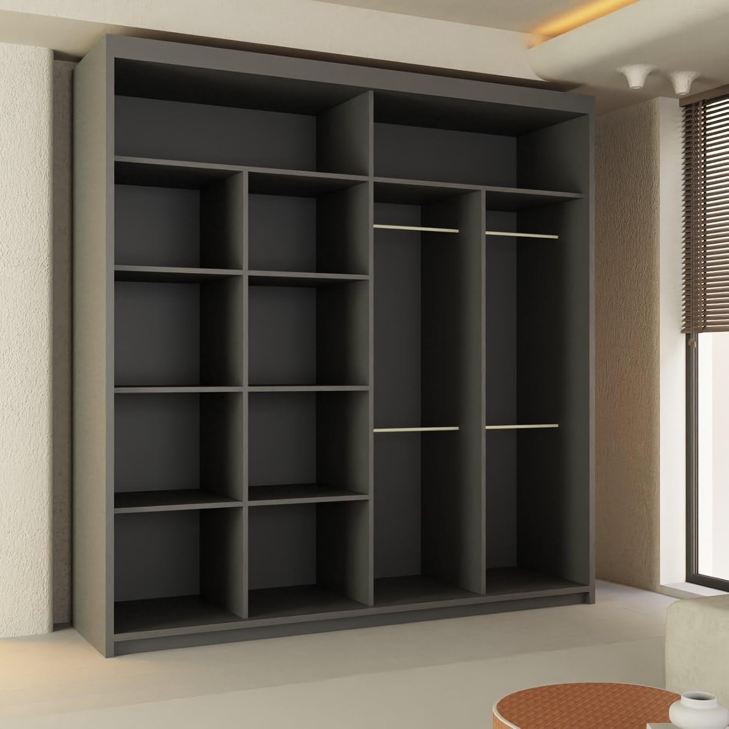 Grey Sliding Wardrobe Mirror Doors 203cm Storage Rails Modern Style