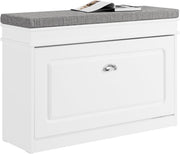White Shoe Storage Bench with Cushion & Flip Drawer – Narrow Hallway Unit