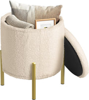 Beige Teddy Fleece Ottoman Stool with Storage Round Folding Seat 41cm