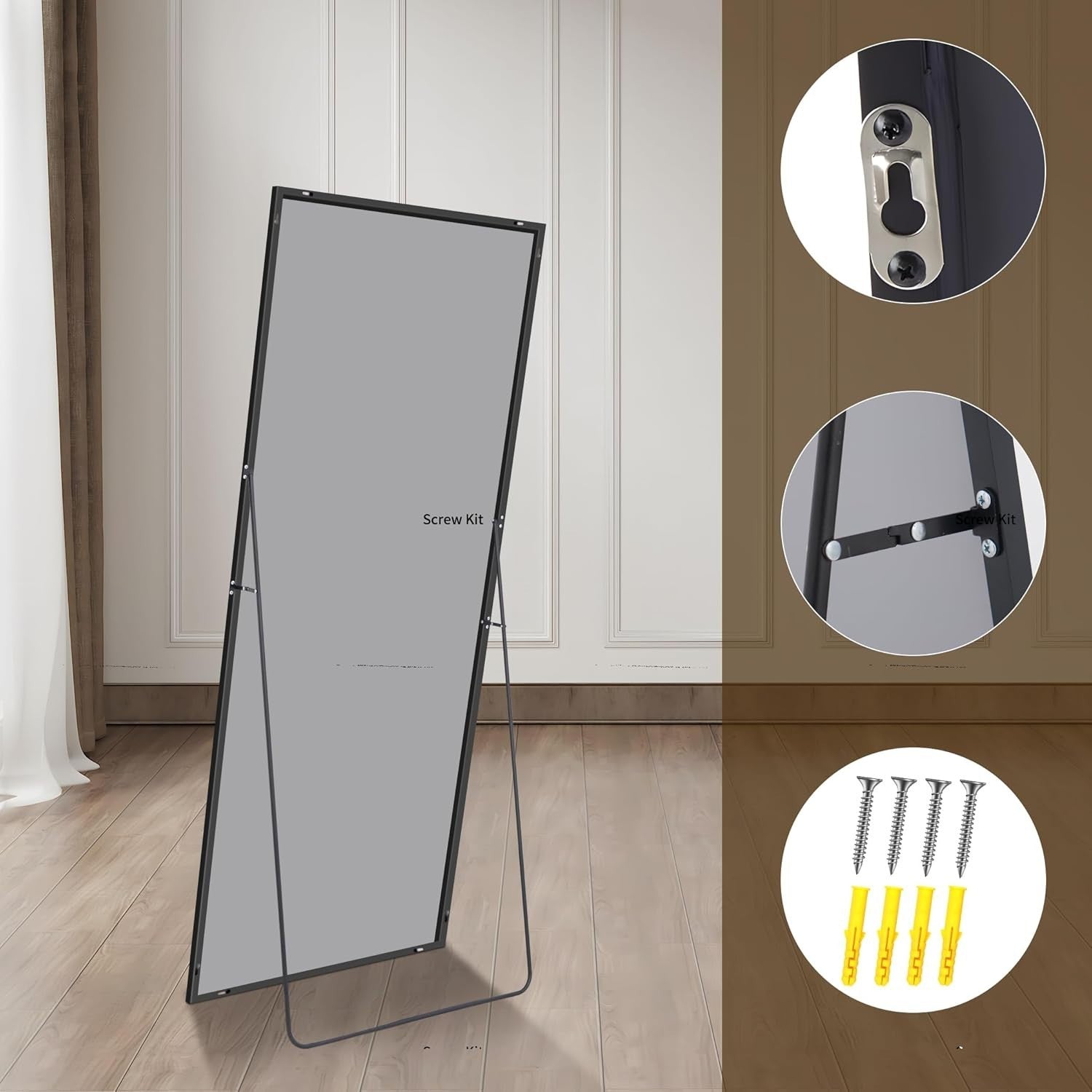 Large Full Length Wall & Floor Mirror 161x52cm Sleek Black Frame