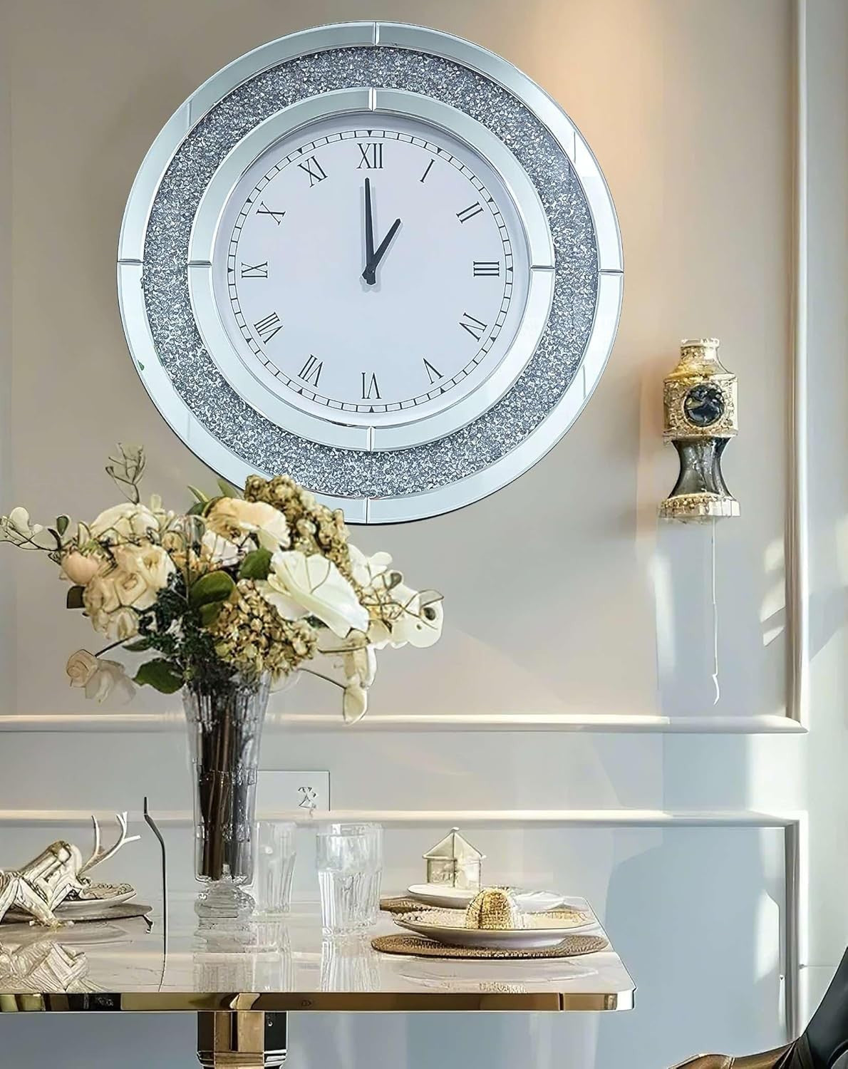 60cm Mirrored Wall Clock Silver Crushed Diamond Inlay Roman Numerals Bling