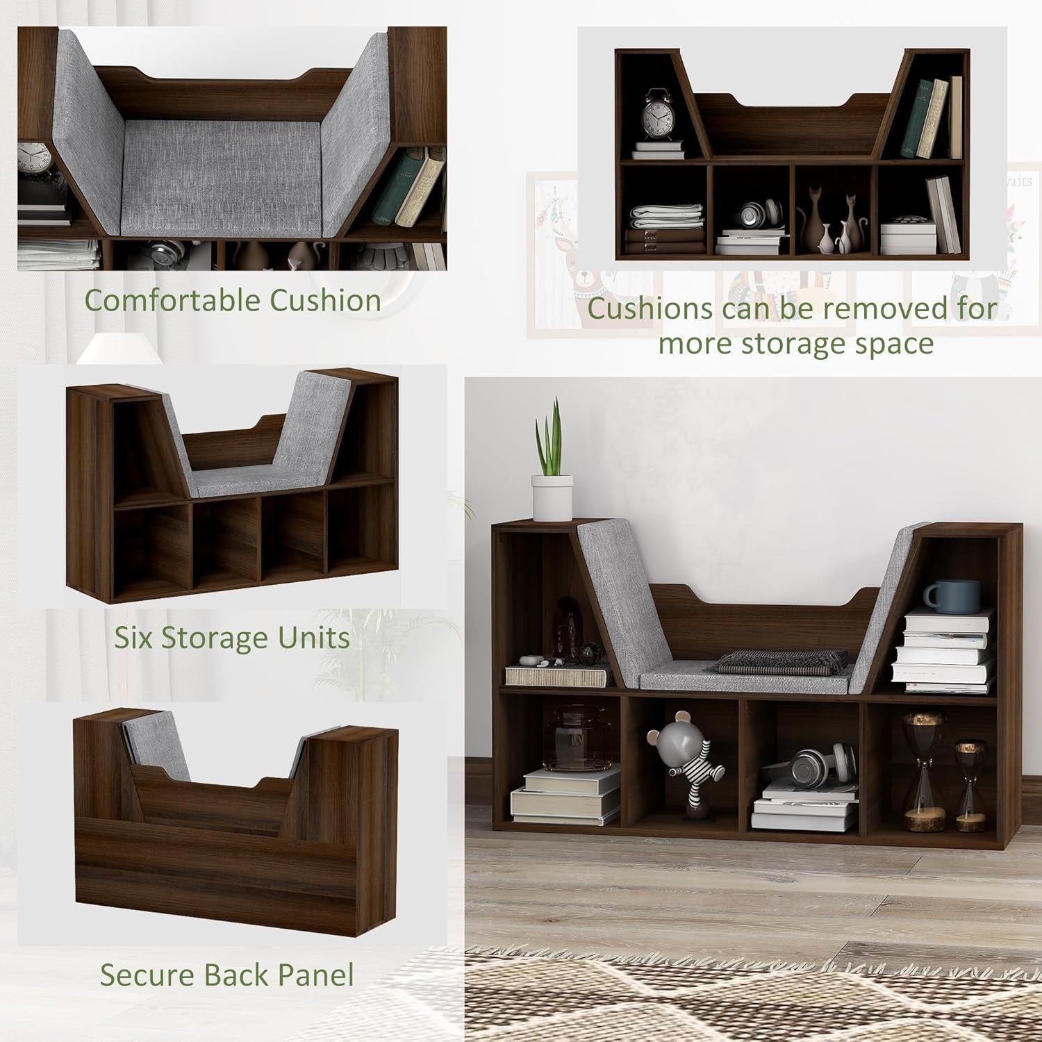 Bookcase with Cushioned Reading Seat 6 Cube Storage Bench Chestnut