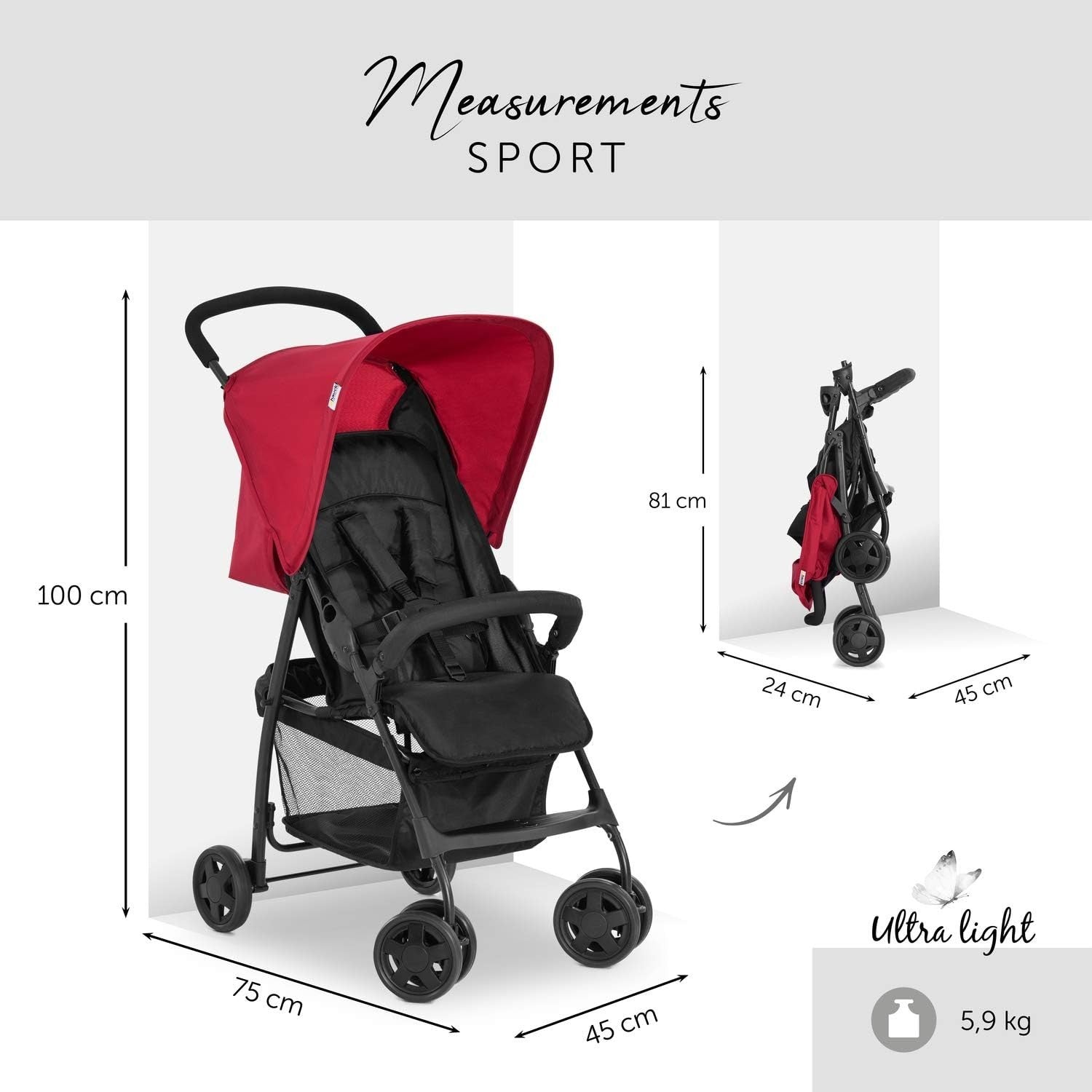 Lightweight Travel Pushchair 5.9kg Compact Fold Reclining Umbrella Stroller Red